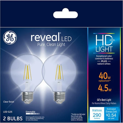 GE 4.5-Watt LED G25 Clear Decorative Globe Light Bulb Reveal HD+ 2-Pack 1 GE 4.5-Watt LED G25 Clear Decorative Globe Light Bulb Reveal HD+ 2-Pack