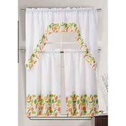 Kashi Home 3-Piece Solid With Printed Ruffle Kitchen Curtain Set