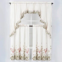 Kashi Home 3-Piece Solid With Printed Ruffle Kitchen Curtain Set -Exquisite Home imageService 3175