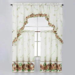 Kashi Home 3-Piece Solid With Printed Ruffle Kitchen Curtain Set -Exquisite Home imageService 3177