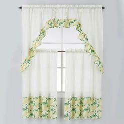 Kashi Home 3-Piece Solid With Printed Ruffle Kitchen Curtain Set -Exquisite Home imageService 3178